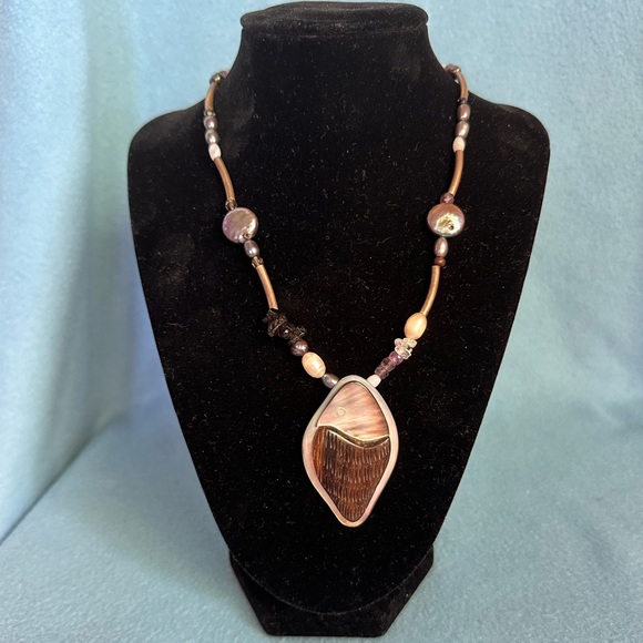 Unique NATURE BIJOUX Necklace: Pearls, Mother of Pearl, amethyst, agate, wood 🎣 - Picture 1 of 10